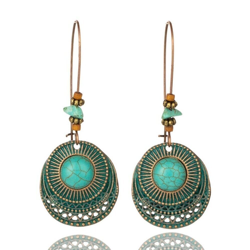 NEW Boho Festival Retro Round Turquoise Long Alloy Dangle Earrings